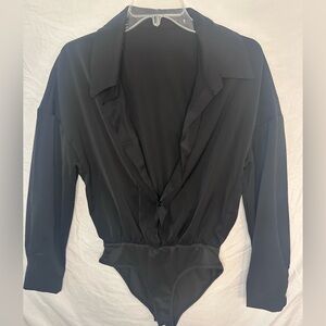Gorglitter Black Collared Long Sleeve Bodysuit Top Sz M Blazer Style Wrap